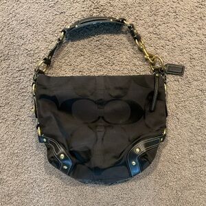 Coach Carly Vintage Black Leather & Canvas Signature Hobo Bag Purse Y2K 10619